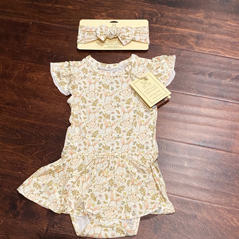 Little Snuggles Bamboo Bunny Bodysuit Twirl Dress with Headband 18-24m NWT